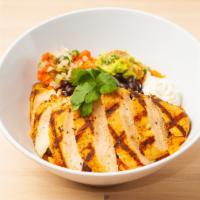Chicken Fiesta Bowl · Includes grilled and marinated chicken, choice of black or homemade pinto beans, choice of w...