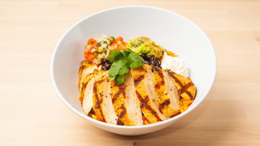 Chicken Fiesta Bowl · Includes grilled and marinated chicken, choice of black or homemade pinto beans, choice of white rice, brown rice or homemade mexican rice. Choose Your Toppings.