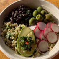 Quinoa and Black Bean Bowl (v) · Quinoa salad, black beans, avocado, olives, radish and salsa verde. Vegan.