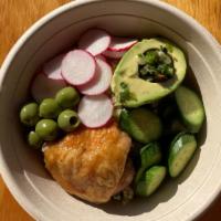 Chicken Bowl · Chicken thigh, quinoa salad, 1/2 avocado, cucumbers, olives and salsa verde.