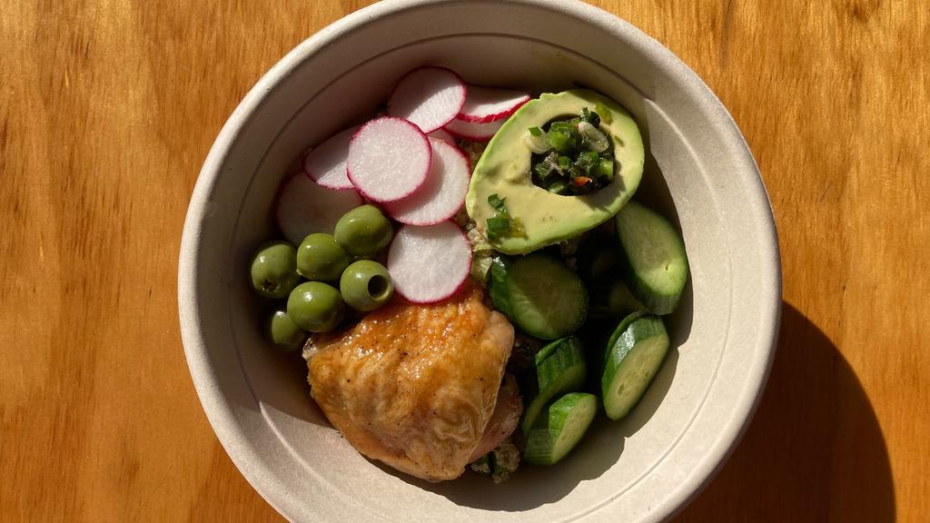 Chicken Bowl · Chicken thigh, quinoa salad, 1/2 avocado, cucumbers, olives and salsa verde.
