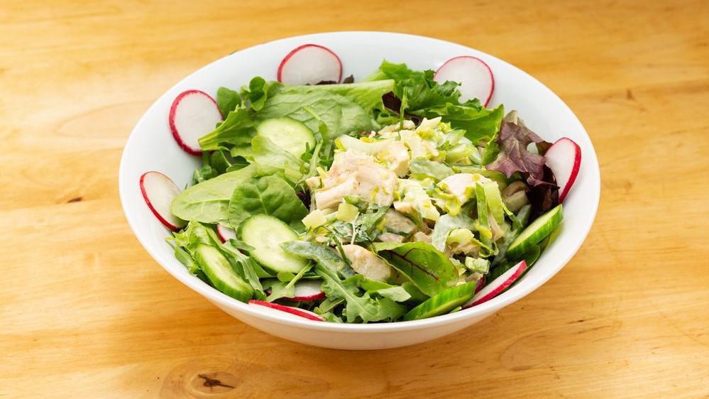 Chicken Salad on Greens · Chicken salad on mixed greens with cucumber, radish, and tomatoes with a choice of house dressing.