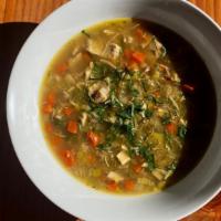 Classic Chicken Soup · House made chicken bone broth, chicken meat, carrot, celery, yellow onion, leek, parsley, an...