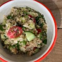 Quinoa Salad (v) · Organic quinoa with cucumbers, tomatoes, parsley, scallions, and house lemon dressing. Vegan.