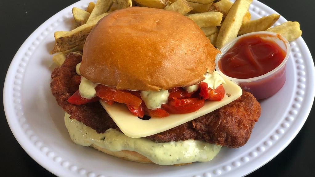 Italiano Fried Chicken Sandwich · Buttermilk fried chicken, roasted red peppers, pesto mayonnaise, Swiss cheese, and served on a toasted bun.