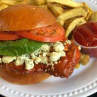 Buffalo Hot Fried Chicken Sandwich · Buttermilk fried chicken, tossed in a sriracha hot sauce with blue cheese, lettuce, tomato, ...