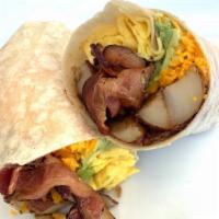 Bacon & Cheddar Breakfast Burritos · A massive unit with two scrambled eggs, Cheddar, melty Cheddar, home fries, avocado, onion m...