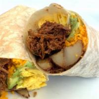 Pulled Pork Breakfast Burrito (Carnitas) · A massive unit of two scrambled eggs, braised pulled pork, melty Cheddar, home fries, avocad...