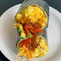 Smoked Salmon Breakfast Burrito · A massive unit of two scrambled eggs, melty Cheddar, smoked salmon, home fries, avocado, oni...