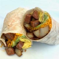 Chicken Sausage Breakfast Burrito · A massive unit of two scrambled eggs, chicken sausage, melty Cheddar, home fries, avocado, o...
