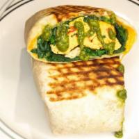 (PESTO SPINACH) Burrito · Grilled breakfast burrito with spinach, basil pesto sauce, mixed cheese, salsa, 2 eggs (/w r...
