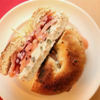 Salmon Lox Bagel · Smoked salmon, tomato, red onion, capers, cream cheese with your choice of toasted bread