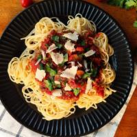 Meat Marinara Pasta · Homemade Italian sausage and ground beef marinara sauce with linguine pasta. Contains parsle...