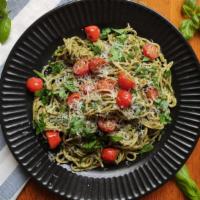 Basil Pesto Pasta · Homemade basil pesto sauce with linguine pasta. Contains cherry tomatoes, parsley, garlic, a...