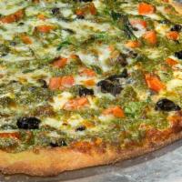 Large Greek Style · 14 Inch greek style pizza - fresh spinach, tomatoes, feta cheese, olives, pesto sauce & herbs.