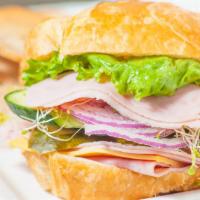 Ham & Cheese Sandwich · Letter, Tomato, Cucumber, Pickle, Mustard, Mayo
Ham & Cheese.