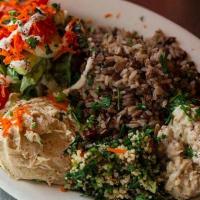 Mediterranean Plate · Lentil rice. Served with hummus, falafel, tabbouleh, pita bread, and green salad topped with...