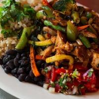 Chicken Plate · Chicken, pan seared vegetables, rice, beans, and salsa.