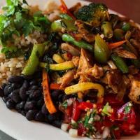 Chicken Plate · An amount of chicken, steamed vegetables, rice, beans, and salsa.