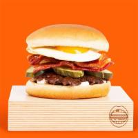 Egg and Bacon Smashmouth · Our signature smashed hamburger patty topped with bacon, a fried egg, American cheese, and m...