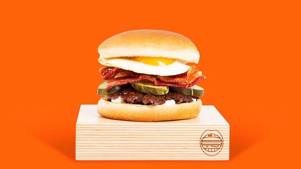 Egg and Bacon Smashmouth · Our signature smashed hamburger patty topped with bacon, a fried egg, American cheese, and mayo.