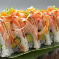 Chef's Roll · Eel avocado roll topped with imitation crab meat and salmon