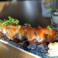 Double Salmon Roll · Spicy salmon and salmon skin topped with salmon