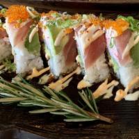 Francisco Roll · Eel avocado roll with imitation crab meat topped with tuna avocado  and tobiko