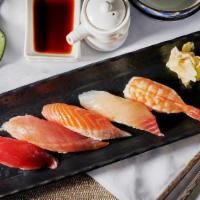 Mini Sushi · 5 pcs of nigiri sushi, tuna, shrimp, smoked salmon, halibut, yellowtail & soup (fish may cha...