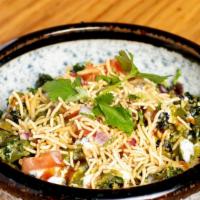 Yarsa Chat · Vegetarian. Gluten free. Kale dipped in Chick Pea batter topped with yogurt, mint and tamari...