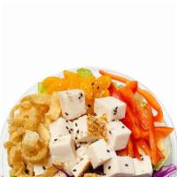 Asian Chicken Salad · Romaine, bell pepper, mandarin oranges, red cabbage, shredded carrots, diced chicken, asian ...