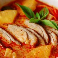 Roasted Duck Curry · Red duck curry with pineapple and lychees. Sweet pineapple and lychees help temper the heat ...