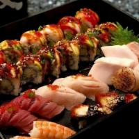 Lover combo · rainbow roll, dragon roll, 8 pcs assorted nigiri, 8 pcs assorted  sashimi, 2 miso soup.