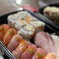 Bashamichi combo · California roll, 7 pcs assorted nigiri, 4 pcs sashimi, with miso soup.