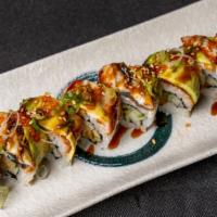 Dragon roll​ · (cucumber, shrimp tempura, top with unagi and avocado)