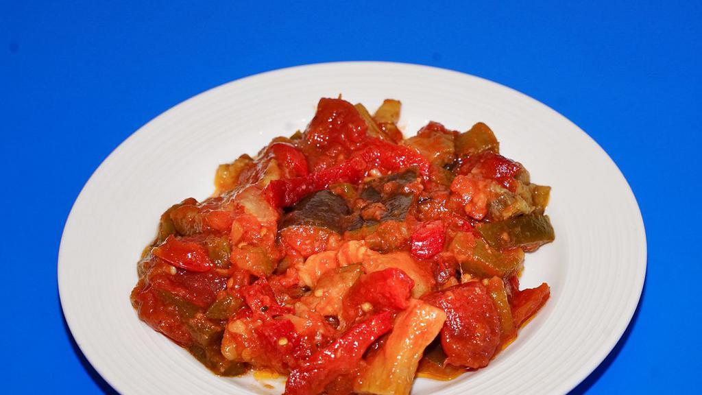 5. Sautéed Eggplant  · Prepared with eggplants, red & green peppers, tomatoes, garlic & onions.