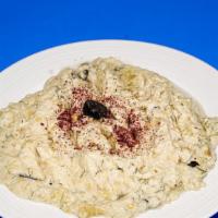 3. Baba Ghanoush · Chopped, roasted eggplant dips with herbs, garlic, lemon juice, tahini, mayonnaise & olive o...