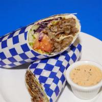 18. Lamb & Beef Gyro wrap · Slow-cooked, thin-sliced, marinated lamb beef with salad and tzatziki sauce.