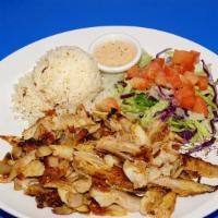 24. Chicken Gyro Plate · Slow-cooked, thin-sliced, marinated chicken. Comes with salad, rice, and pita bread.