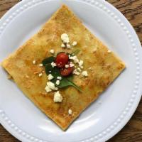 Spinach Feta ＆ Tomatoes Crepe · Spinach, feta and tomatoes crepe white flour batter.