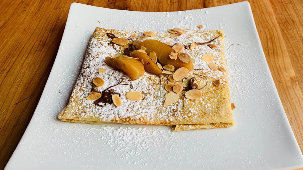 Caramelized Pears Crepe · Comes with Nutella and almonds.