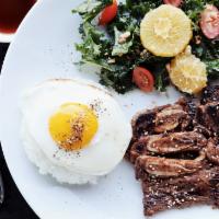 Grilled Rice Plate · Choice of grilled protein atop rice.
Served with a crispy fried egg and citrus kale salad.