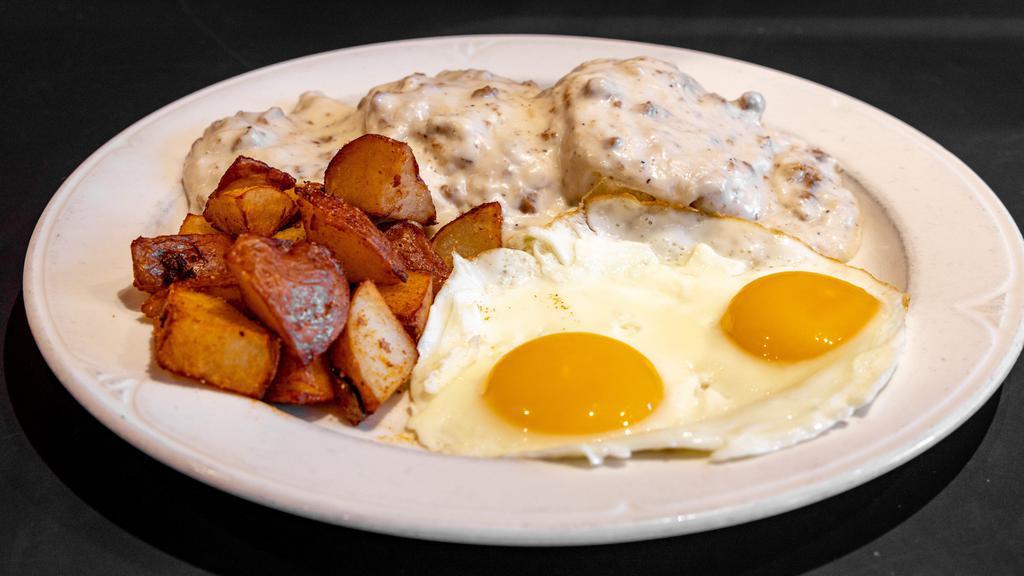 Biscuits & Sausage with Gravy Breakfast · Served with two eggs.