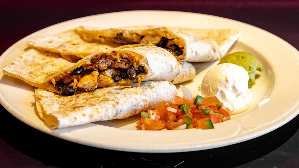 Chicken Quesadilla Lunch · Grilled chicken, tomatoes, black beans, Cheddar, salsa and sour cream. No salad or French fries.