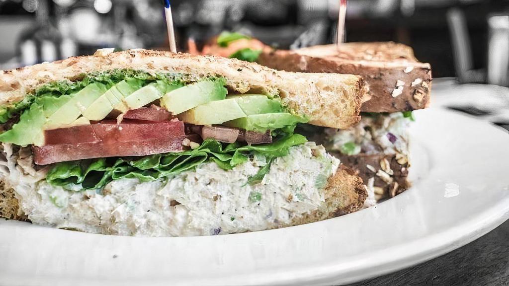 Mendocino Sandwich · Albacore tuna salad with avocado, lettuce and tomatoes. Served with organic mixed greens tossed with balsamic vinaigrette and your choice of home potatoes or fries.