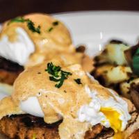New Orleans · Crab cakes on an English muffin with poached eggs and spicy Cajun hollandaise.
