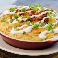 Loaded Baked Potato Mac · The Ultimate Mash Up! 🥔 Mashed potatoes, bacon, sharp cheddar cheese and scallions, topped ...