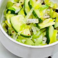 Salsa Verde · Cucumbers * leeks * parsley * capers* shallots. Vegan, gluten free, dairy free.