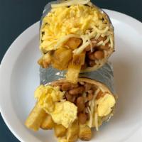 Scrambled Eggs, Fries, Pinto Beans, Mermelada, and Pepper Jack Cheese Burrito · A real winner for the vegetarians in the house.