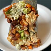 Fried Chicken Burrito, Sweet Potatoes, Black Beans, Spicy Sriracha, with Blue Cheese · If you like it sweet, savory, and pungent, this guy is amazing.